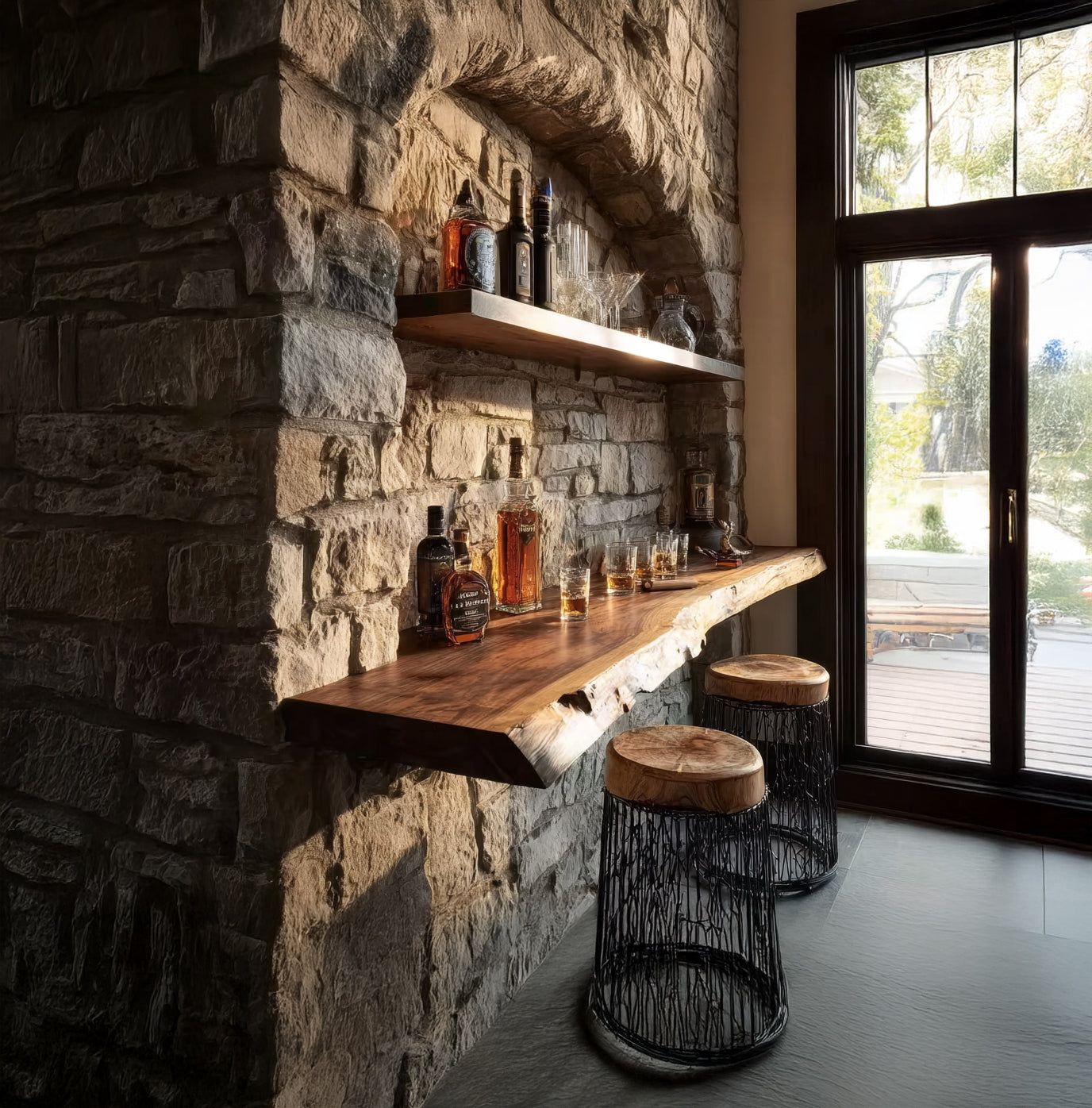 Schwebender Bar-Tisch aus Massivholz mit Naturkante – handgefertigtes Wandregal