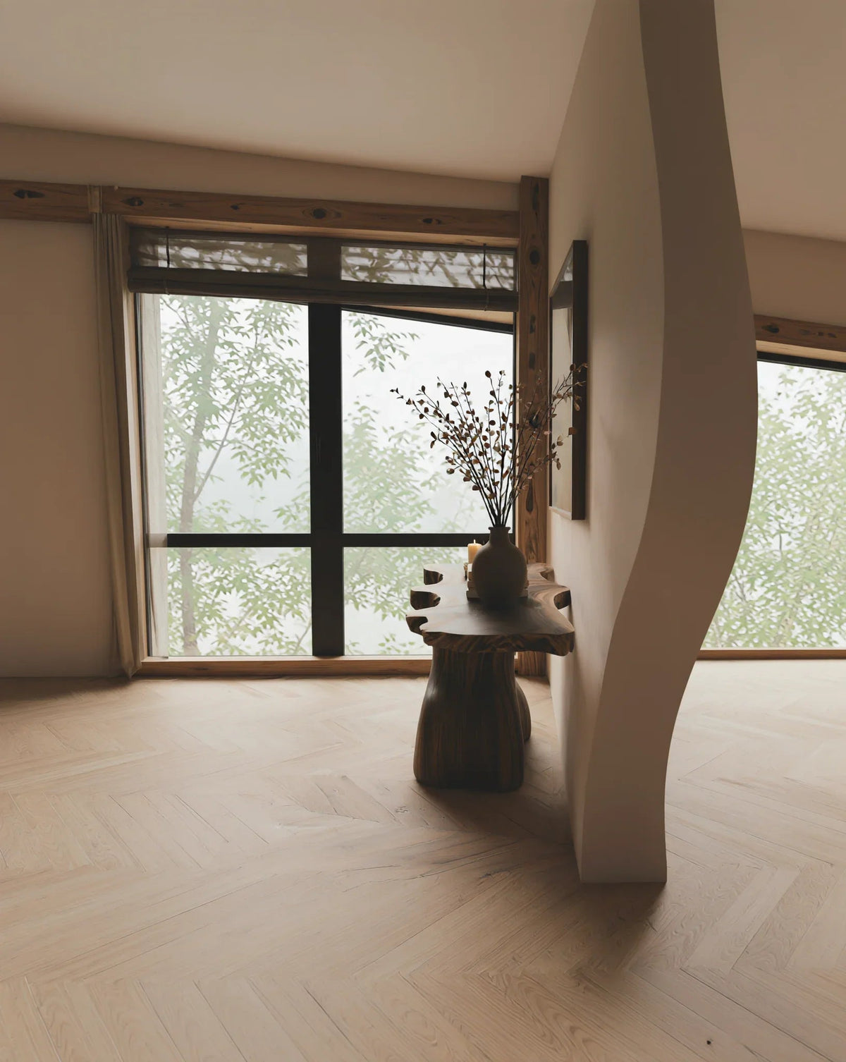 Baumkanten-Konsolentisch aus Massivholz in einem modernen Raum mit natürlichem Licht und minimalistischem Dekor.