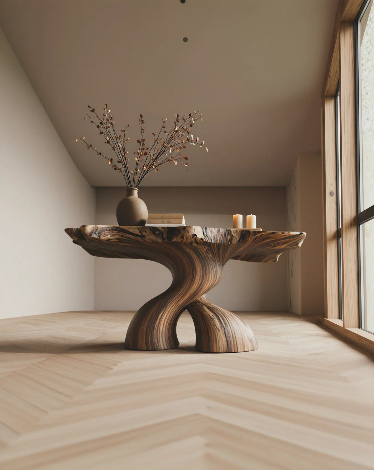 Moderner Baumkanten-Tisch aus Massivholz mit skulptiertem Fuß, Vase, Büchern und Kerzen in einem hellen Raum