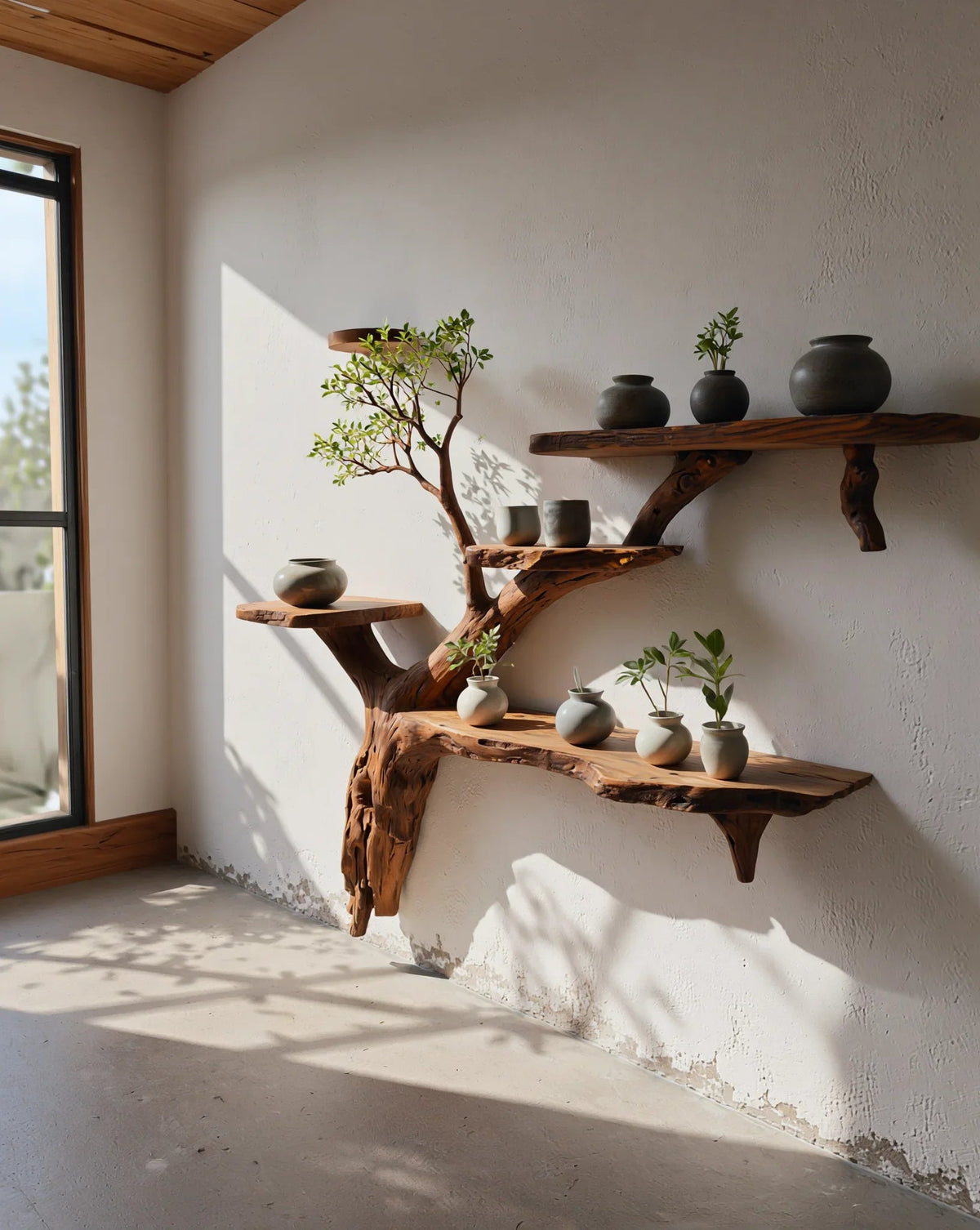 Baumkanten-Baum-Bücherregal mit Keramiktöpfen und Pflanzen, Sonnenlicht auf strukturierter Wand