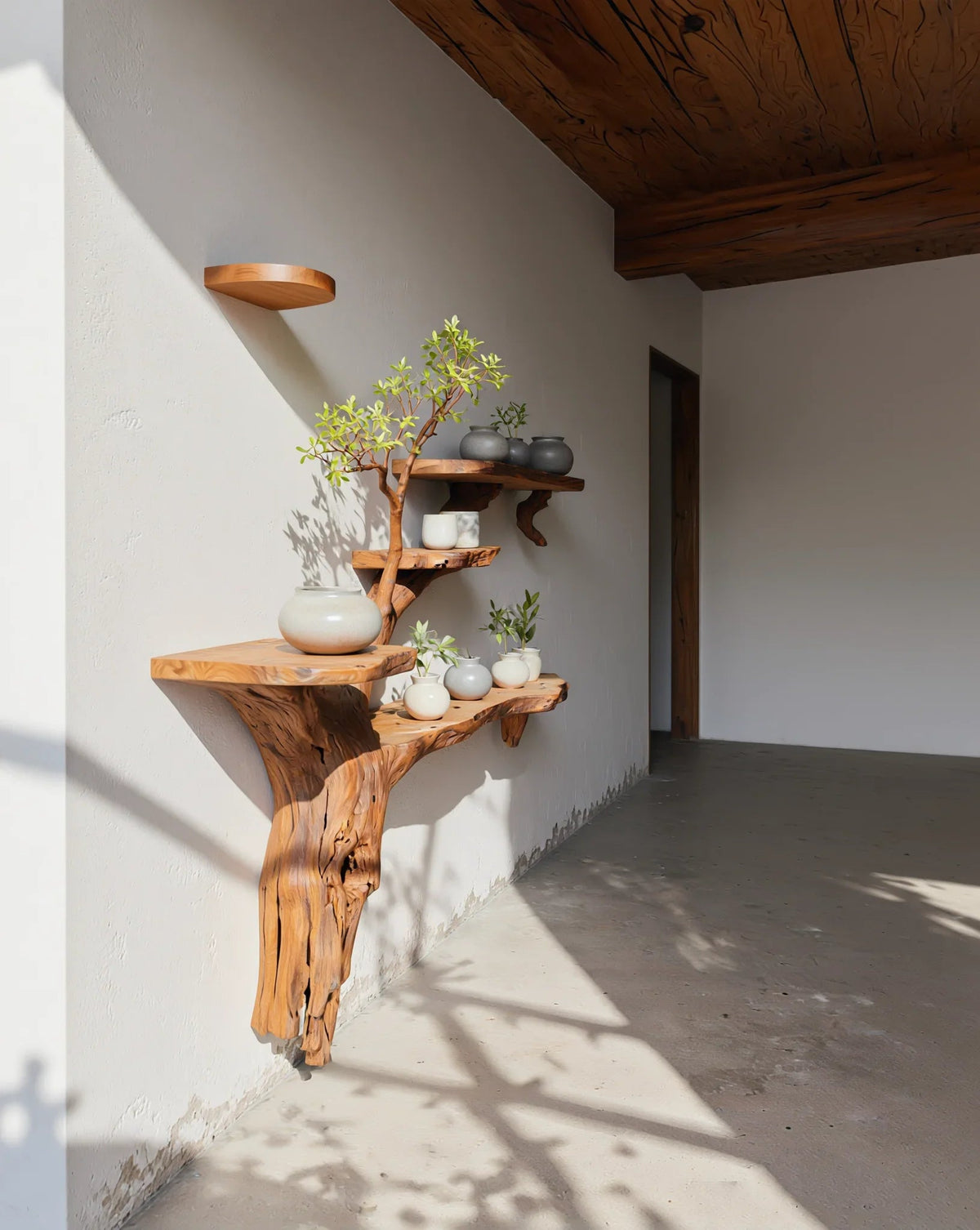 Schwebende Baumkanten-Regale aus Massivholz mit Keramiktöpfen und Pflanzen in einem minimalistischen Flur