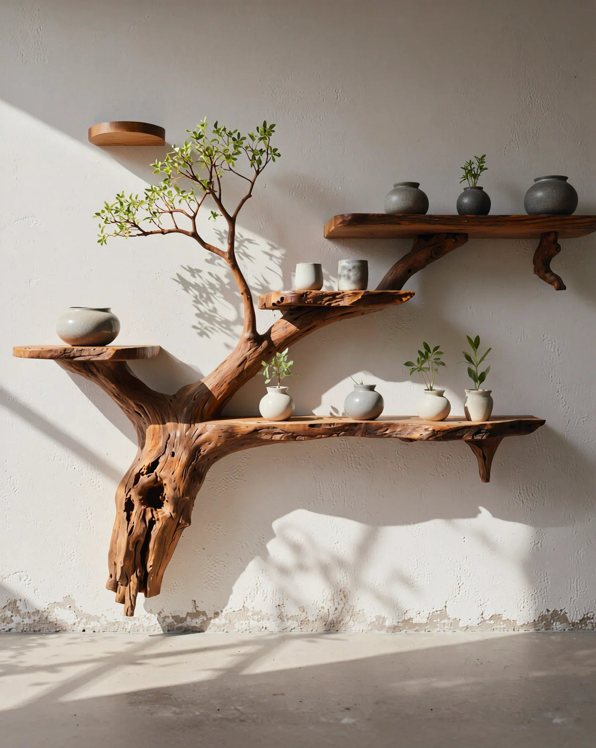 Baumförmiges schwebendes Baumkanten-Holzregal mit Keramikvasen und kleinen Pflanzen an einer Wand.