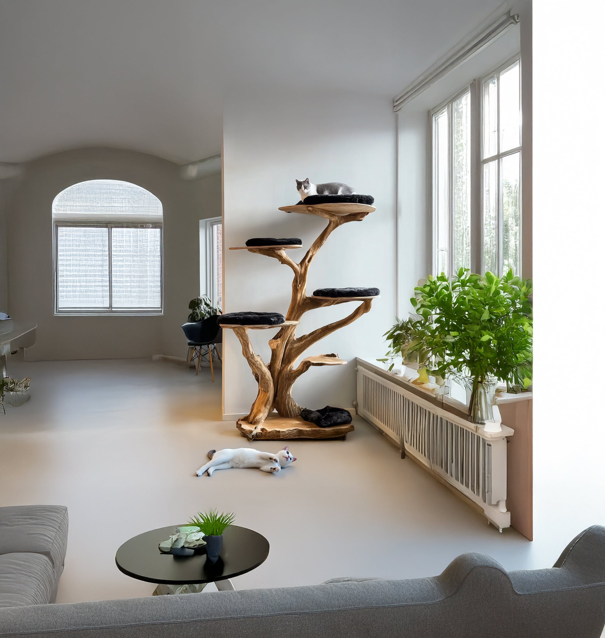 Handgefertigter Holz-Kratzbaum – Rustikaler Massivholz-Katzenbaum