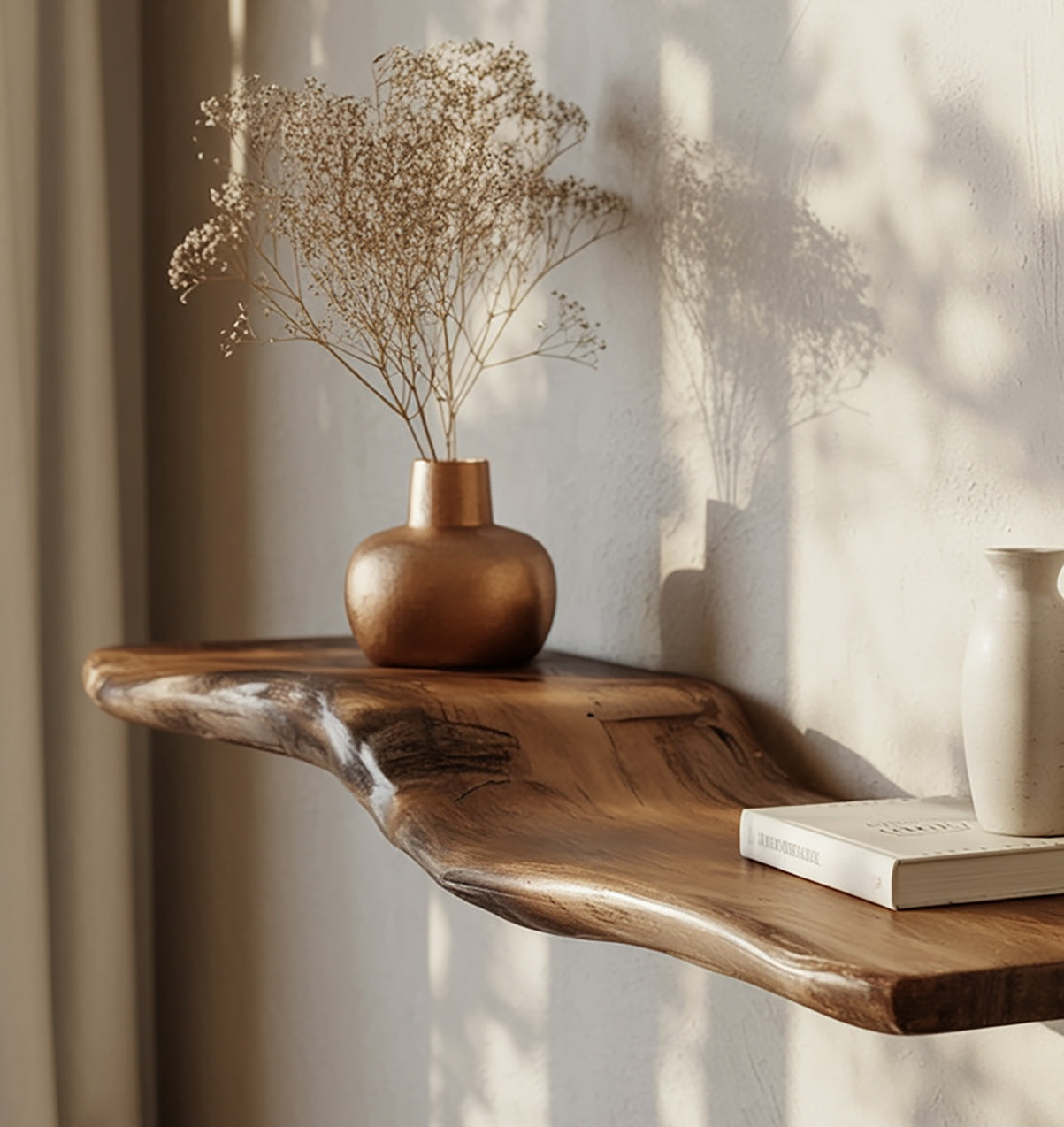 Schwebendes Holzregal mit natürlicher Baumkante – handgefertigtes Massivholz