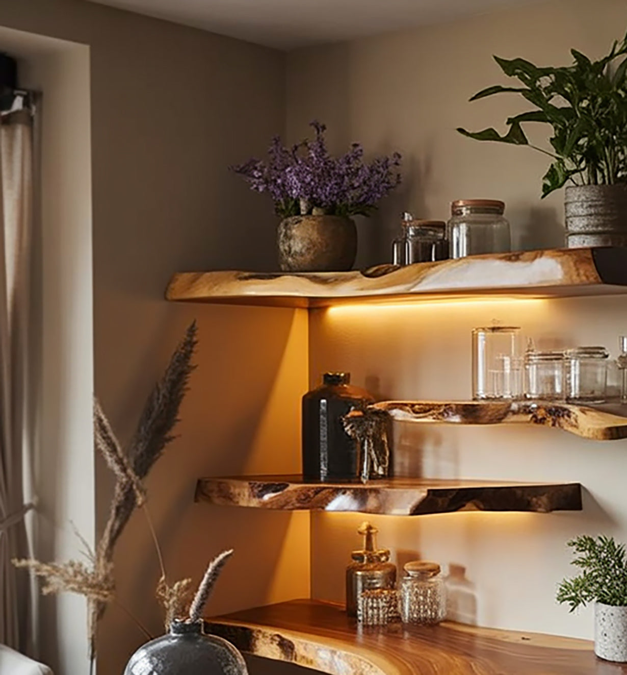 Schwebende Live-Edge-Walnussregale aus massivem Holzdekor Design Stile