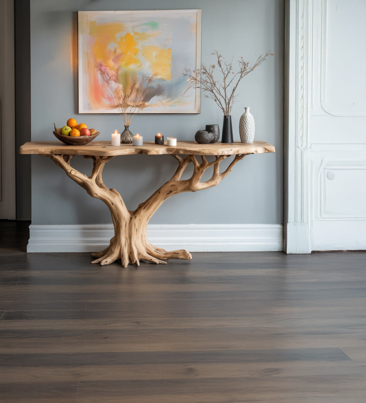 Schmaler Konsolentisch mit Baumkante – Handgefertigter rustikaler Landhaus-Holztisch