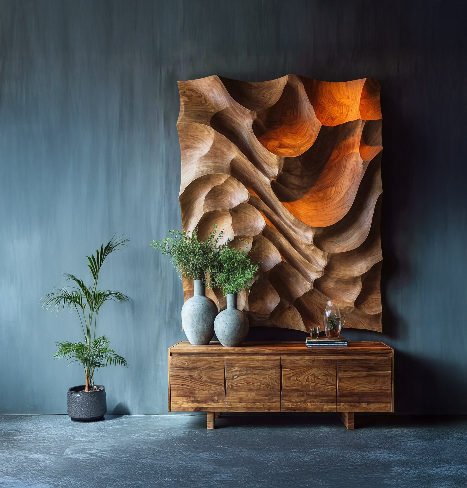 Modernes Holz-Wandpanel – Abstrakte Welle, handgefertigte 3D-Kunst