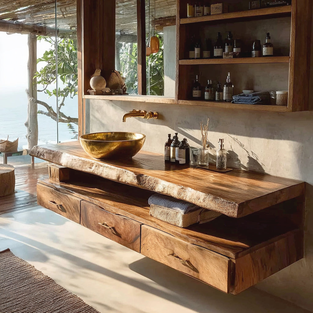 Handgefertigter Rustikaler Hängender Waschtisch aus Massivholz