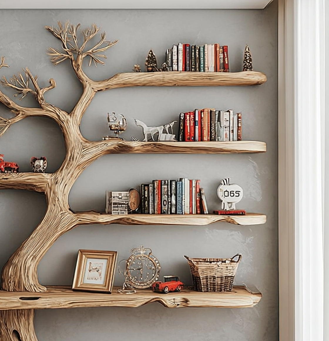 Rustikales Baum-Bücherregal aus Holz – Ast-Design für Wohnzimmer