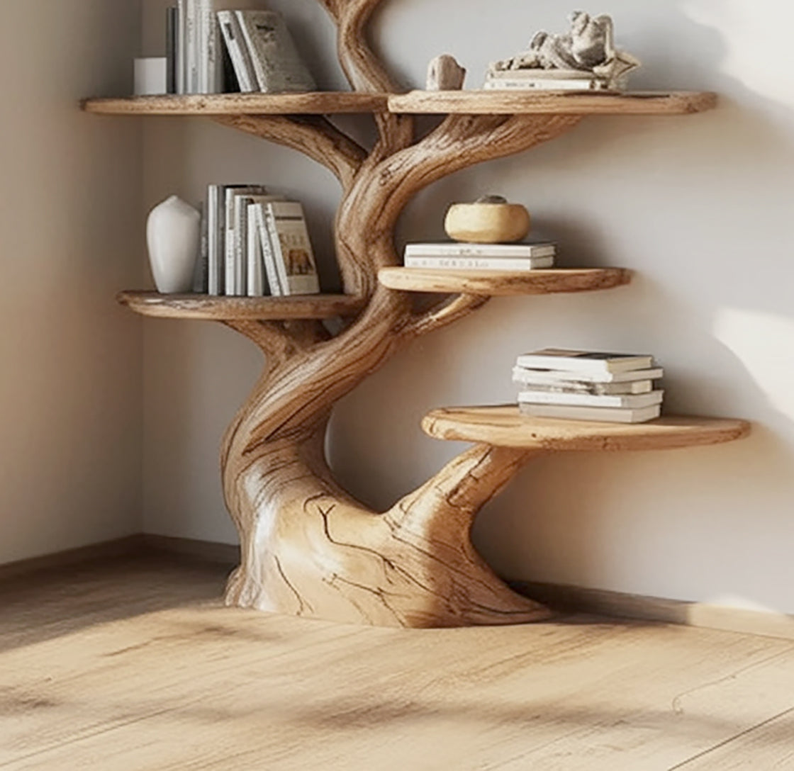 Baumförmiges Holz-Bücherregal – handgefertigtes Massivholz-Regal für Wohnkultur