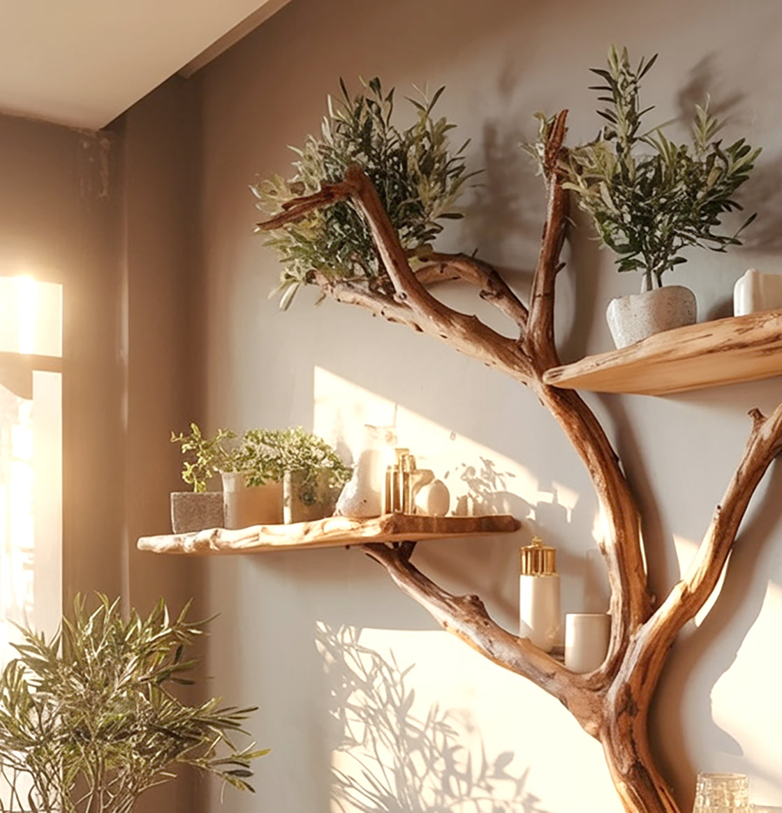 Baumast-Wandregal – handgefertigtes Holzregal mit Baumkante, rustikal