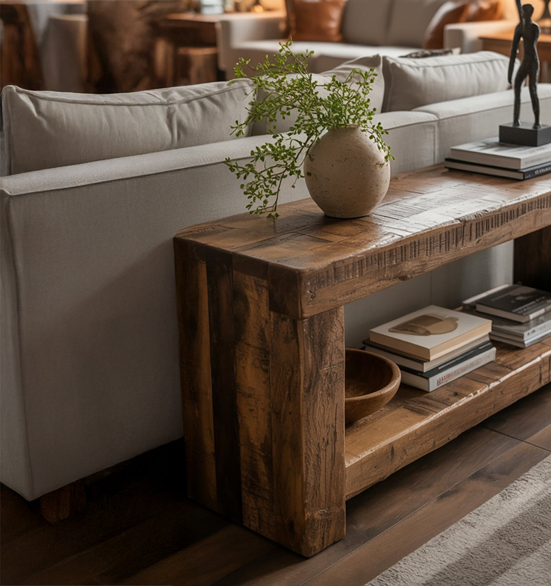 Handgefertigter rustikaler Konsolentisch aus recyceltem Massivholz mit Ablage