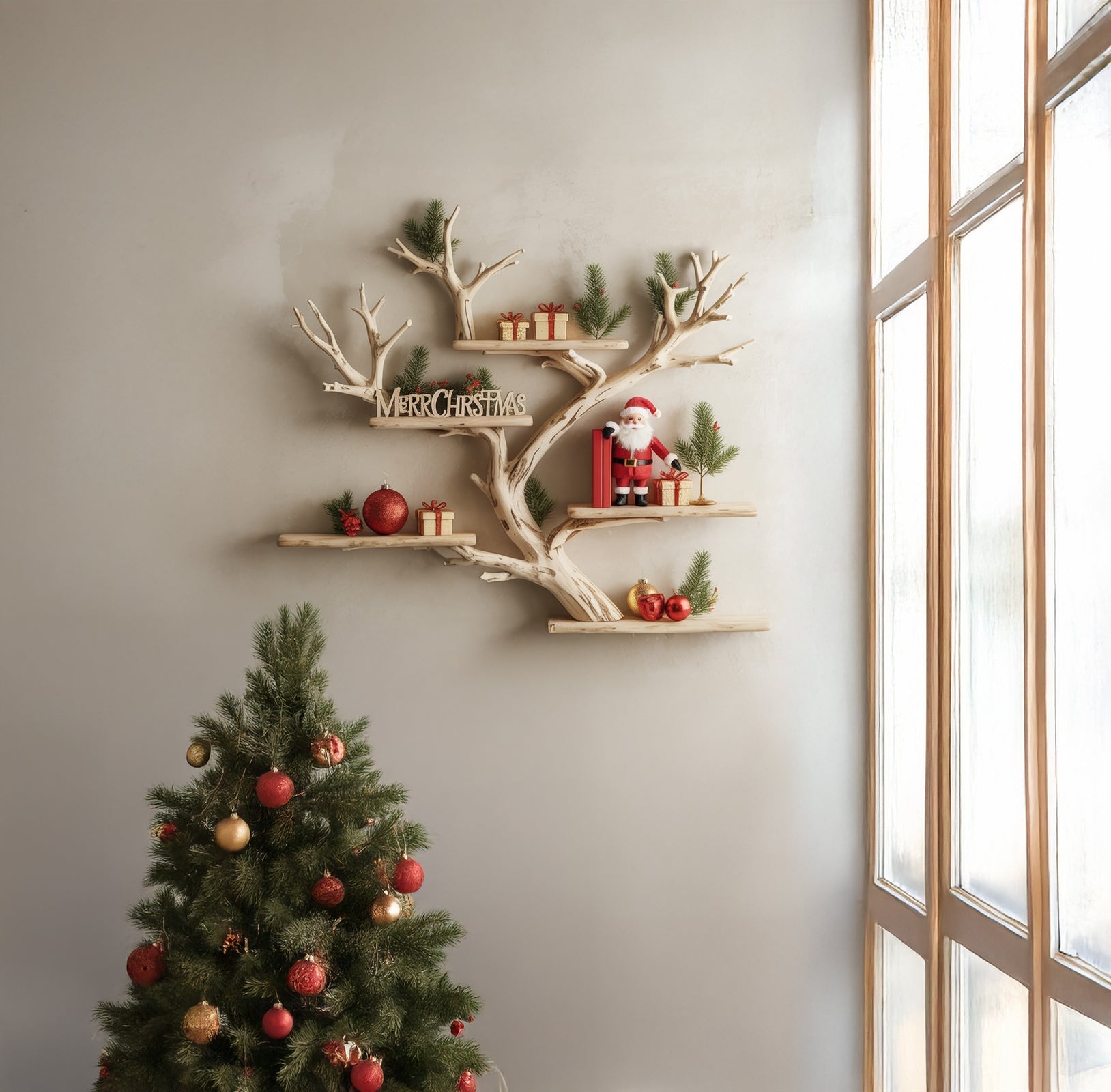 Rustikales Eck-Schweberegal – Baum-Regal aus Treibholz mit Baumkante, wandmontiert