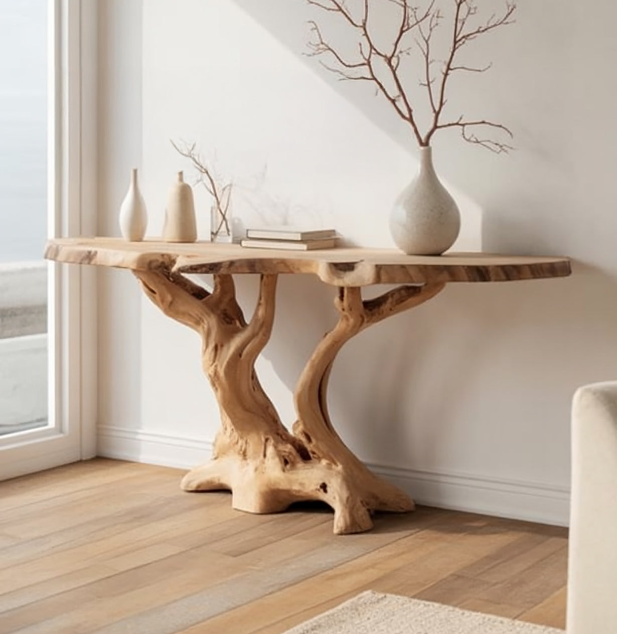 Handgefertigter Live Edge Konsolentisch aus Holz für rustikale Deko