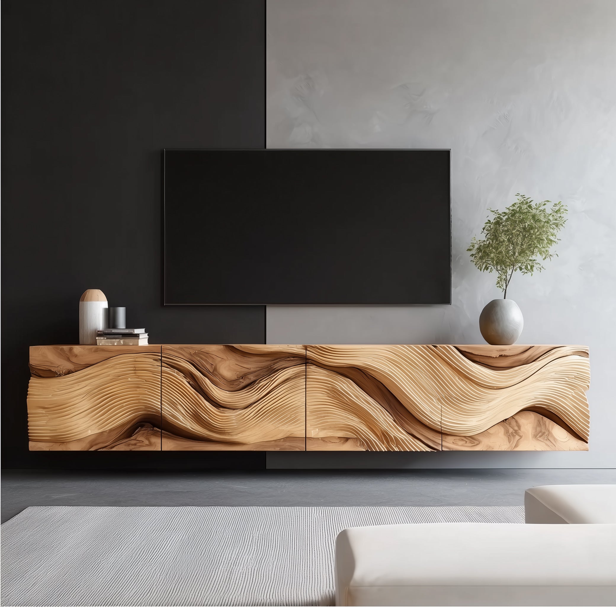 TV-Board mit Baumkante – Rustikal, schwebend & handgefertigt