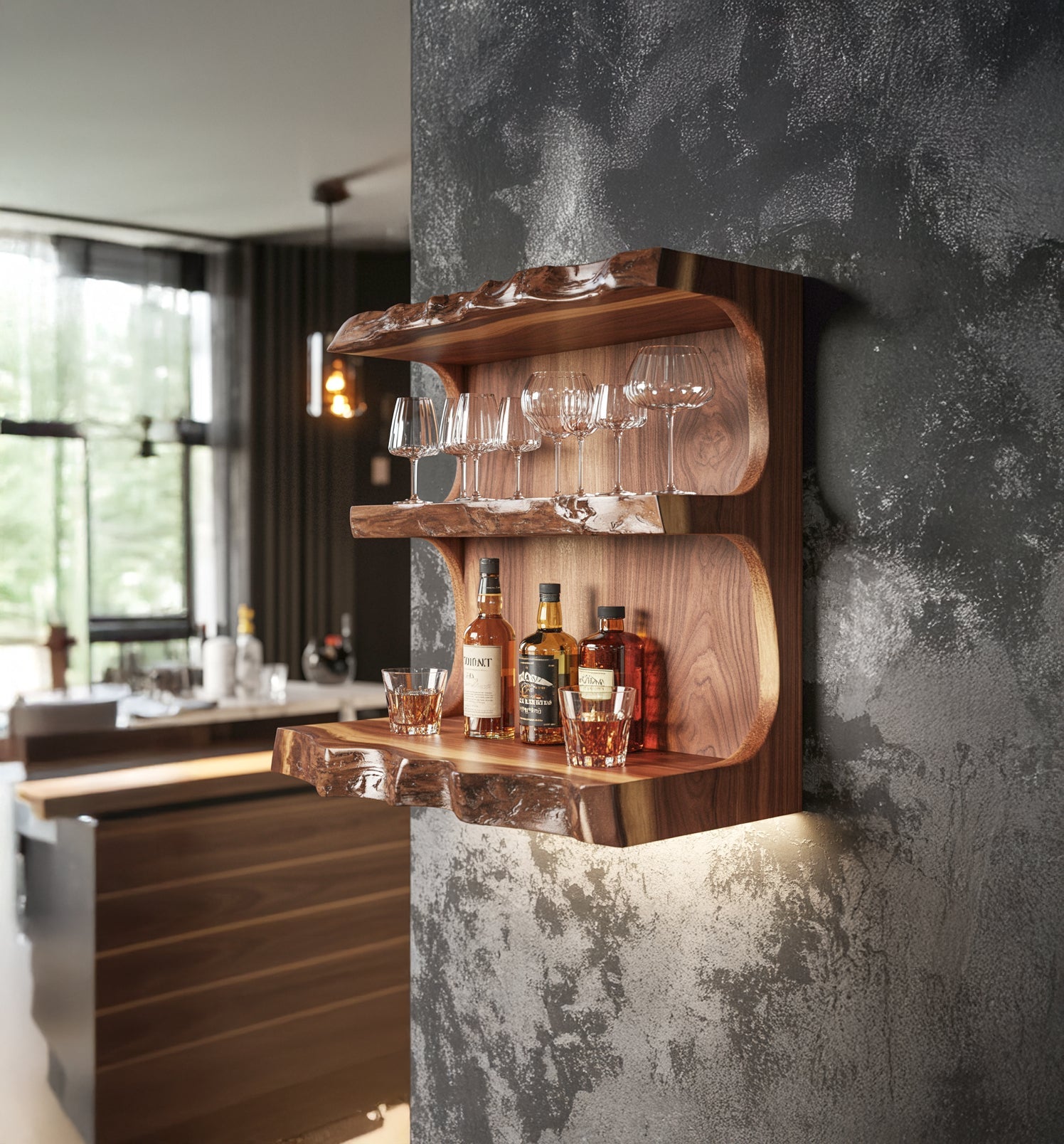 Handgefertigtes schwebendes Barregal – rustikale Wandbar aus Massivholz