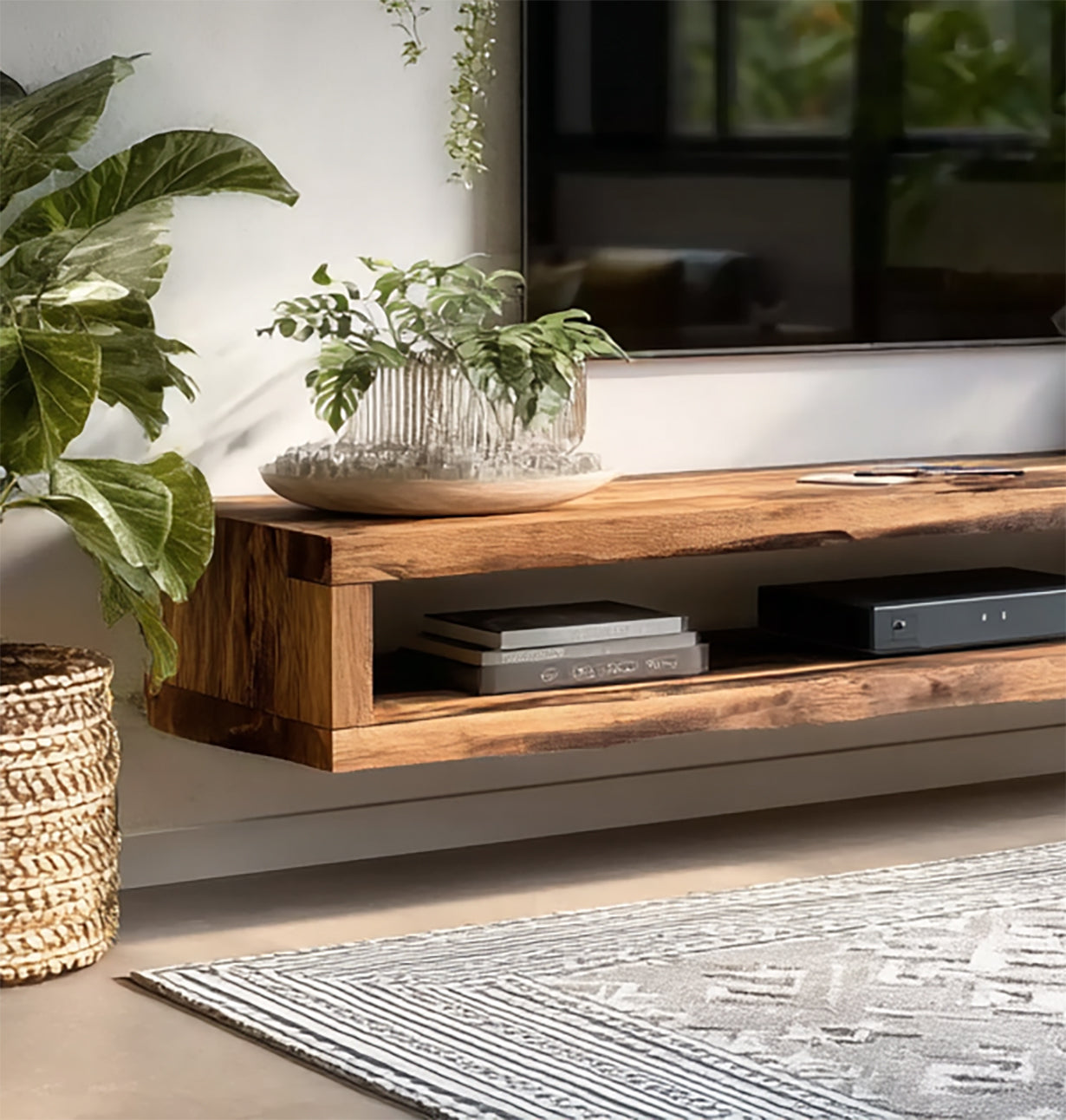 Moderner Live-Edge TV-Board – Handgefertigte Massivholz-Wandkonsole