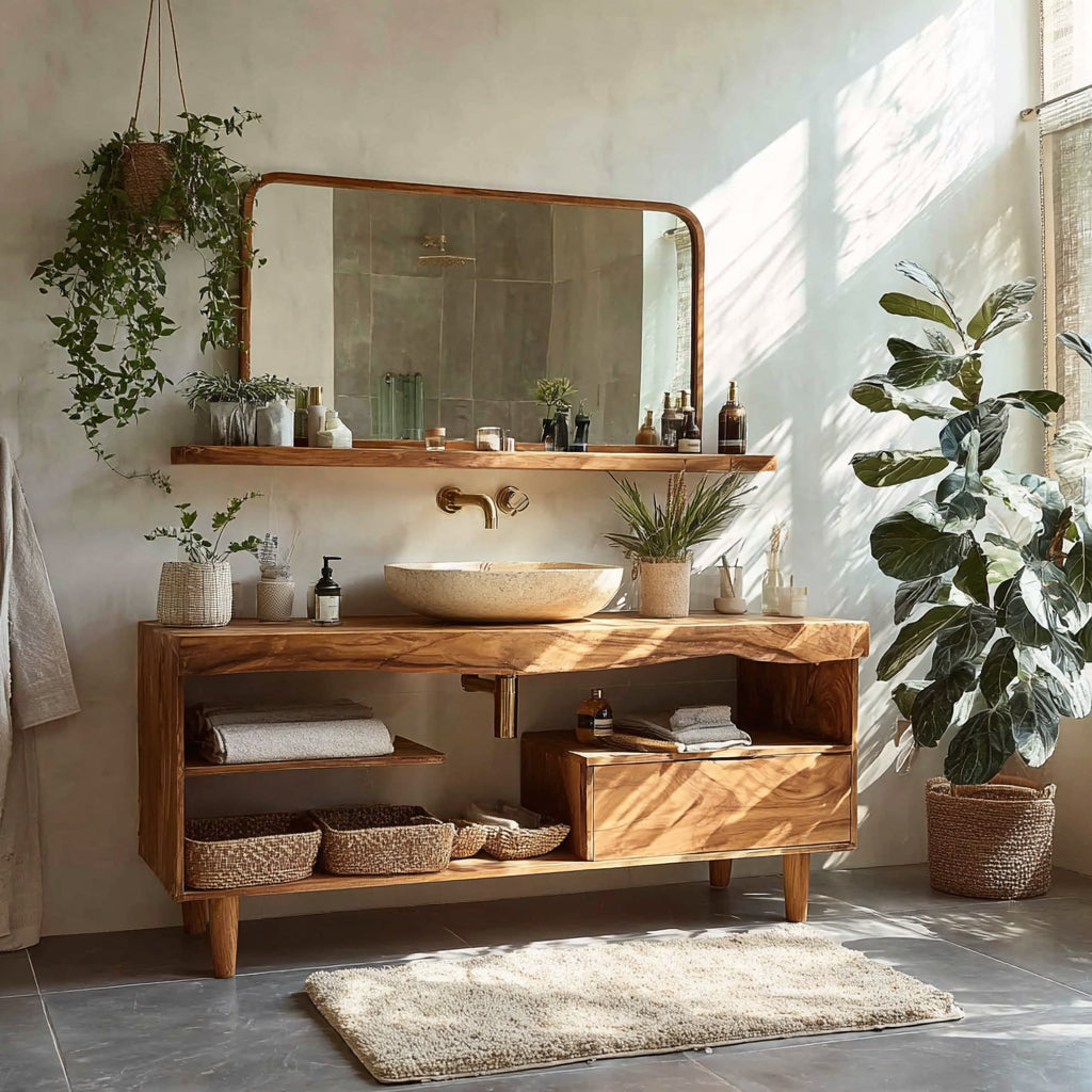 Rustikaler Teak-Badezimmer-Waschtisch – handgefertigt mit Stauraum