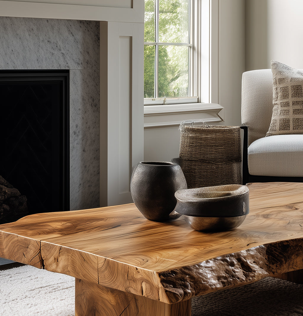 Rustikaler niedriger Couchtisch aus Altholz mit natürlicher Baumkante