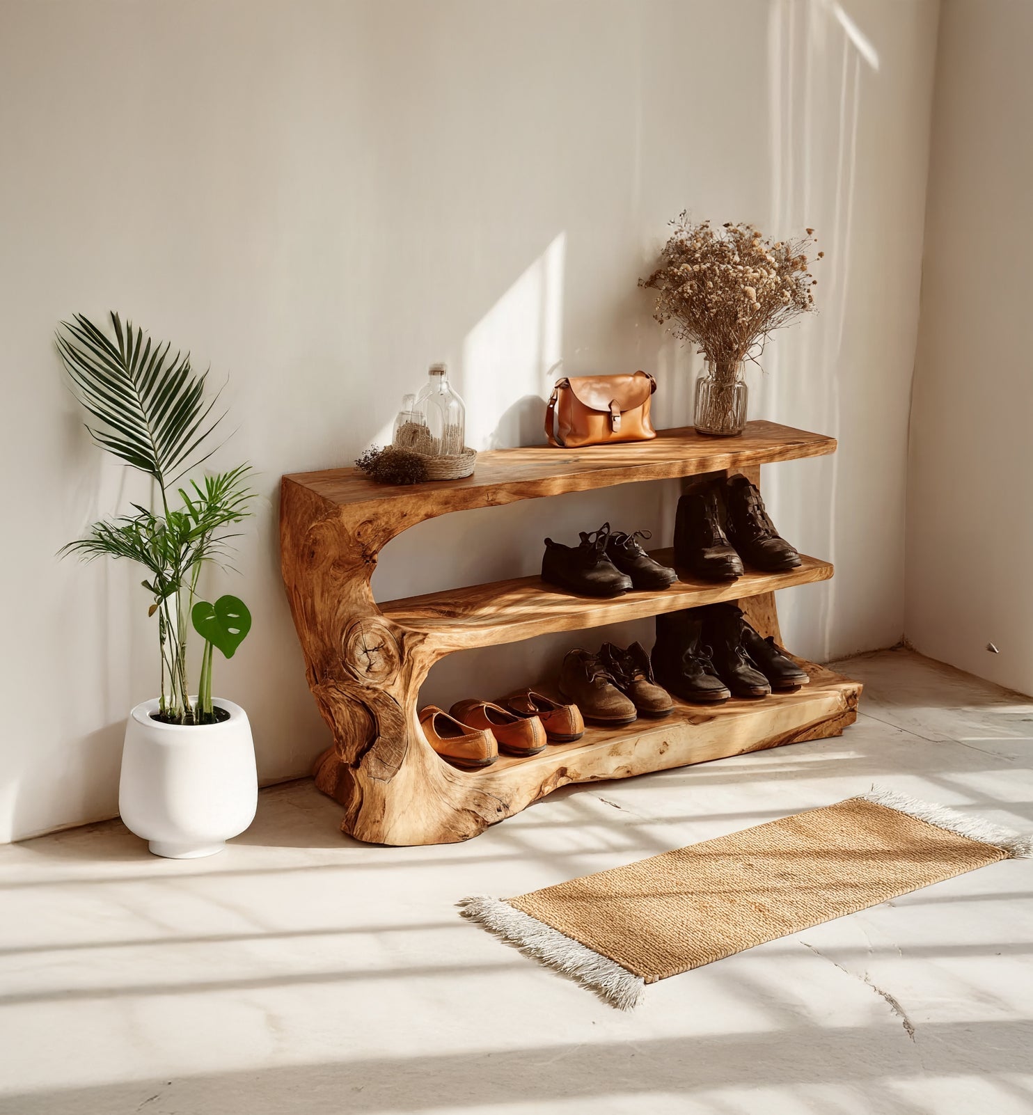 Mid-Century Schuhregal – Massivholz-Sitzbank für den Eingangsbereich