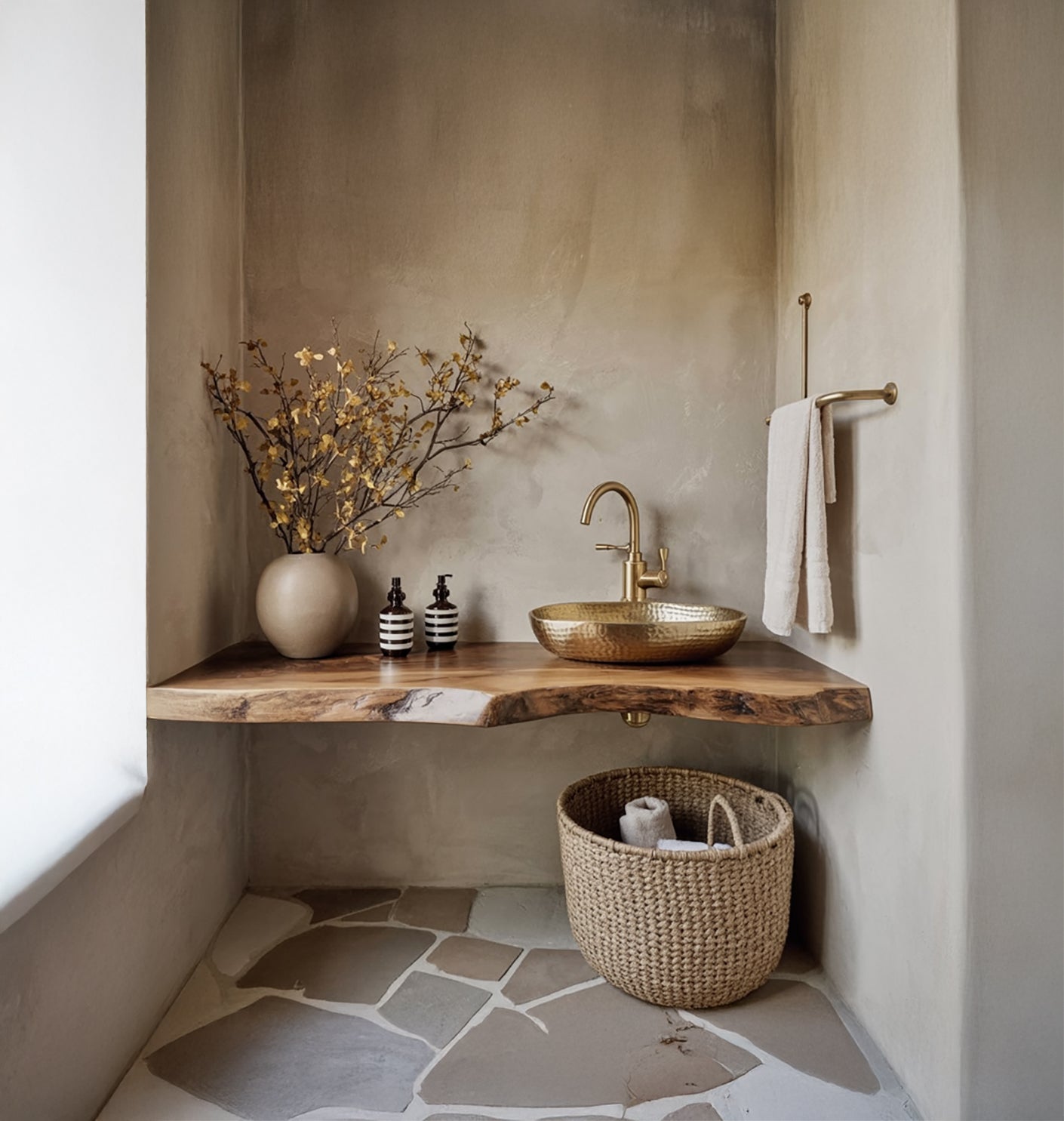 Schwebendes Live-Edge Waschtischregal aus Massivholz – Rustikale Badablage