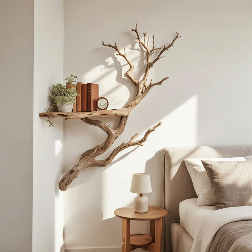 Treibholz Bücherregal als Wandkunst – Maßgefertigtes Eck-Schweberegal