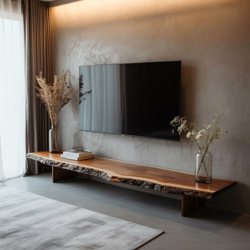 Rustikaler TV-Schrank – Walnuss-Massivholz, handgefertigte Baumkante