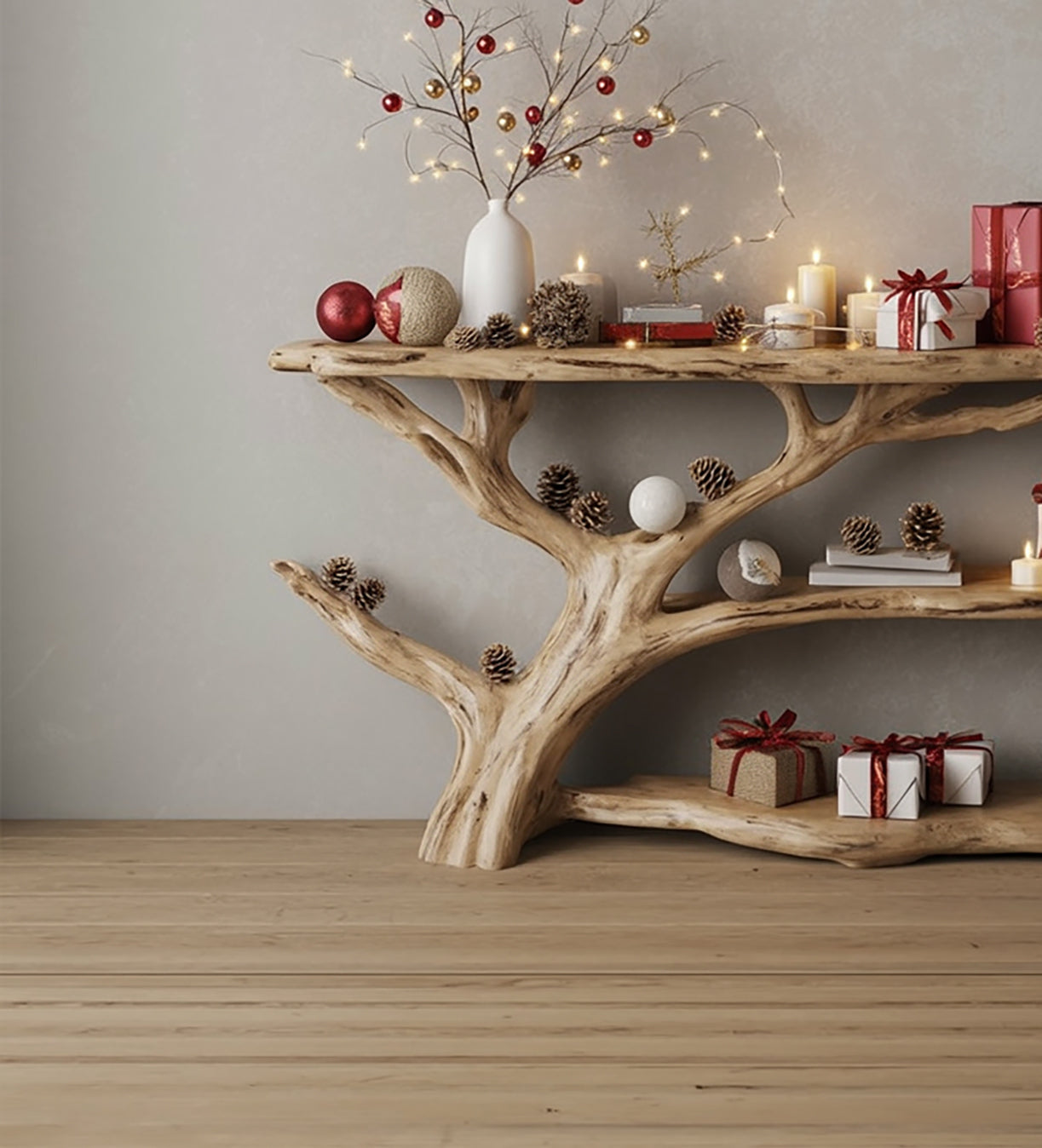 Schmaler Konsolentisch mit Baumast-Bücherregal – Rustikales Live Edge Holz