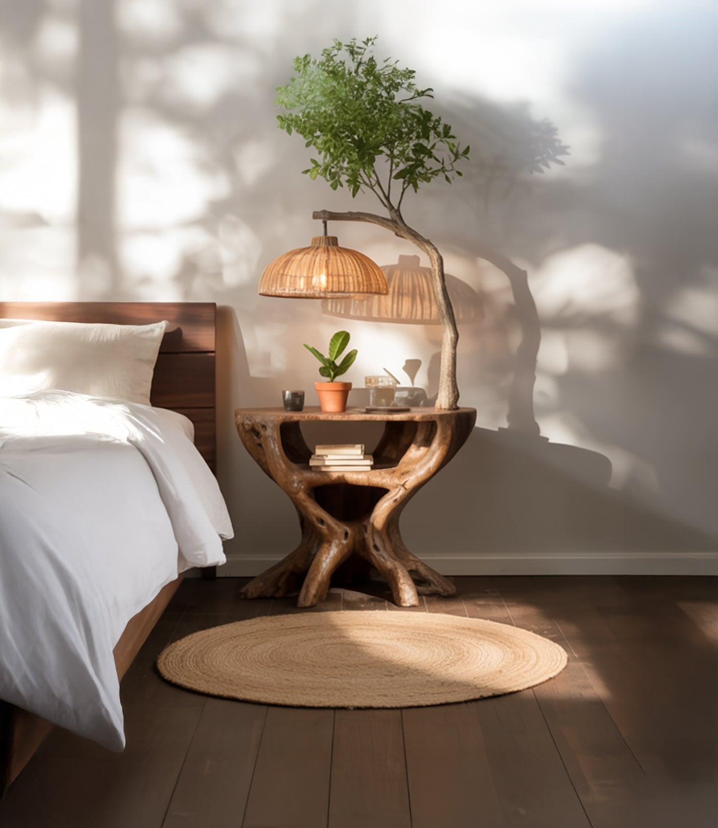 Holz-Beistelltisch mit Baumlampe – handgefertigte Nachttischleuchte