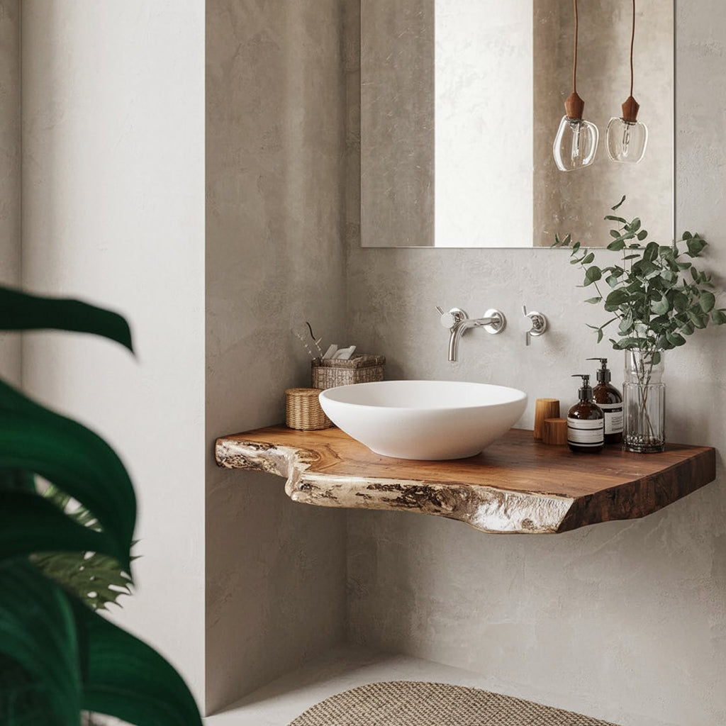 Rustikales Live-Edge Waschtischregal – Handgefertigte Holzdeko