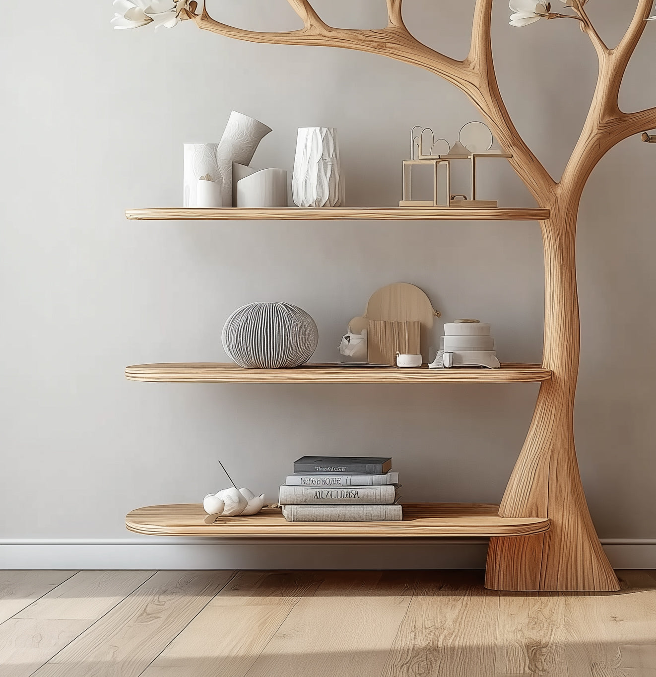 Baum-Wandgarderobe – rustikal, Holz-Haken, schwebende Ablagen