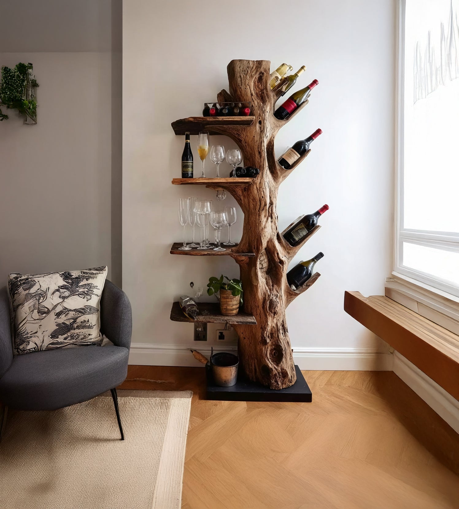 Baumstamm-Weinregal – handgefertigt aus Massivholz mit Glashalter