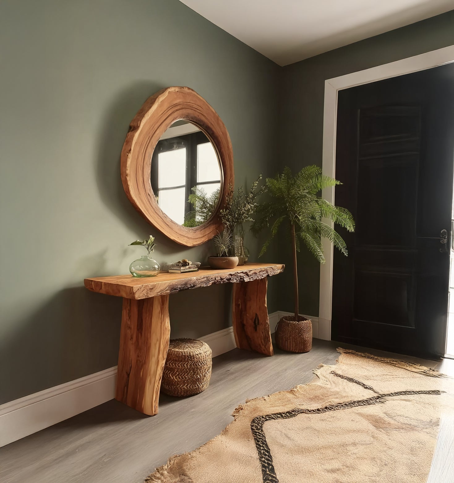 Rustikaler Konsolentisch aus recyceltem Holz – handgefertigt mit Baumkante