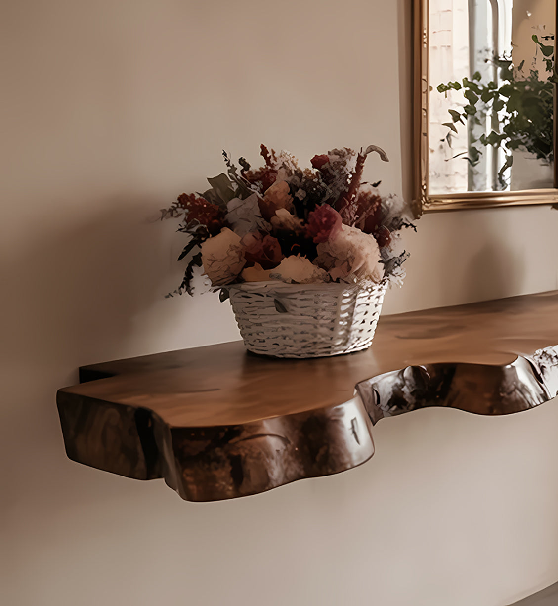 Baumkanten-Walnuss-Regale – robuste Farmhouse-Holzwandregale für Weihnachtsdeko