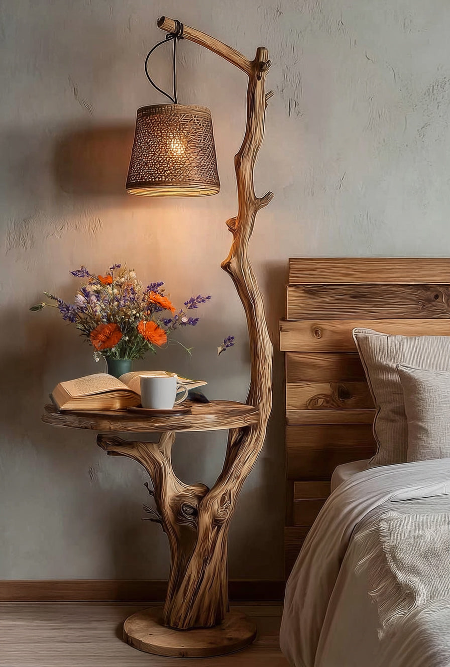 Rustikale Stehlampe aus Treibholz mit Regalen – Handgefertigte Holz-Stehleuchte