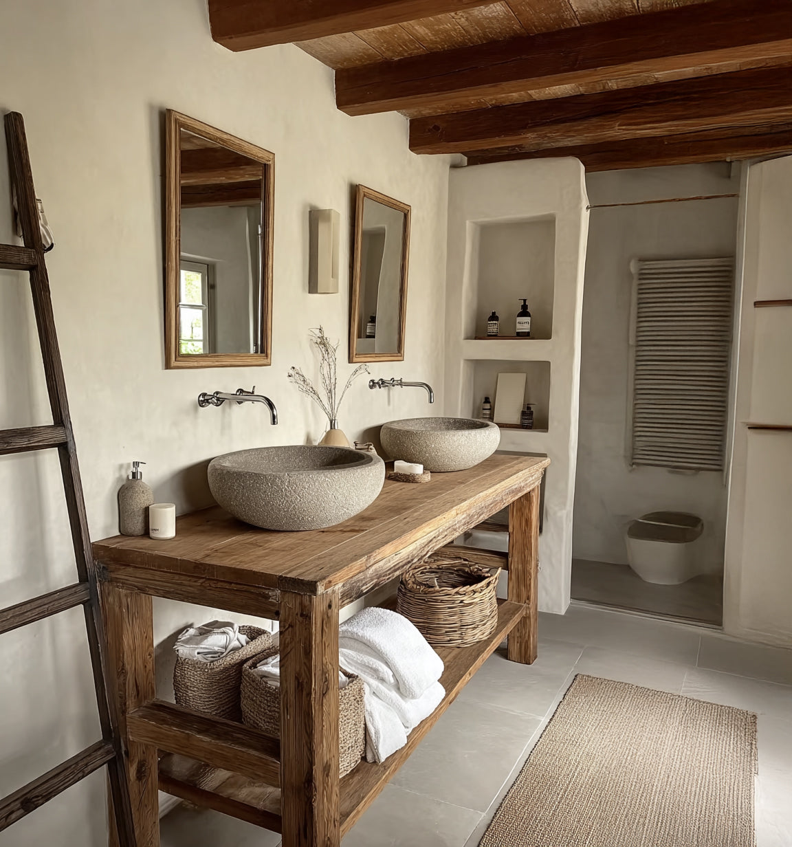 Handgefertigter rustikaler schwebender Waschtisch aus recyceltem Holz