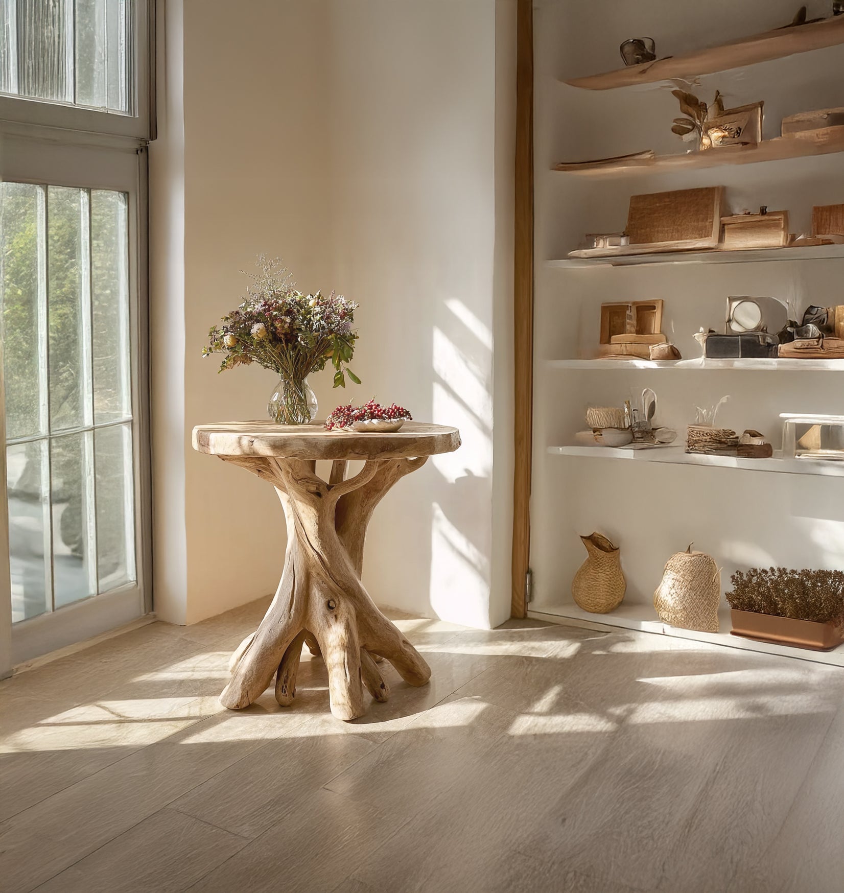 Live-Edge Beistelltisch – Handgefertigter runder Massivholztisch, rustikales Unikat