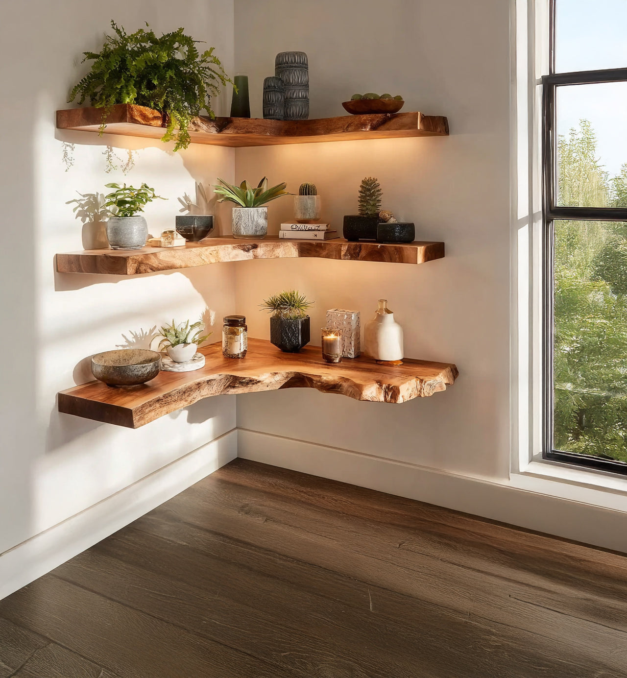 Live-Edge Eck-Floating Shelves – handgefertigtes Massivholz-Wandregal