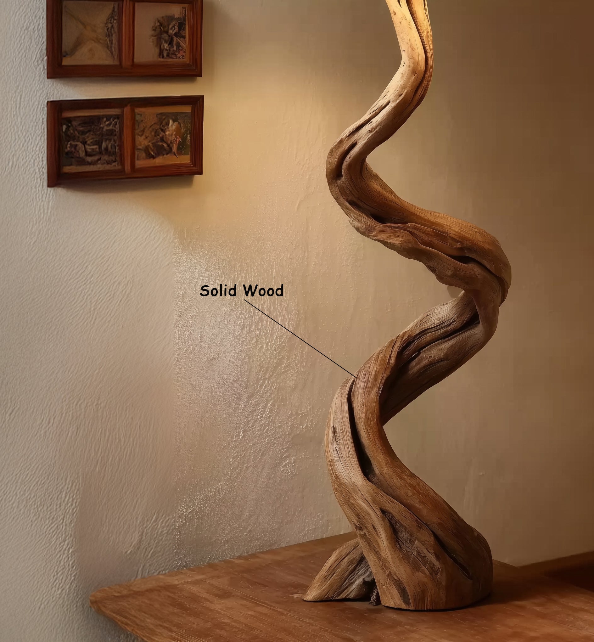 Rustikale Treibholz-Stehlampe – Handgefertigte gedrehte Holzlampe mit Leinenschirm