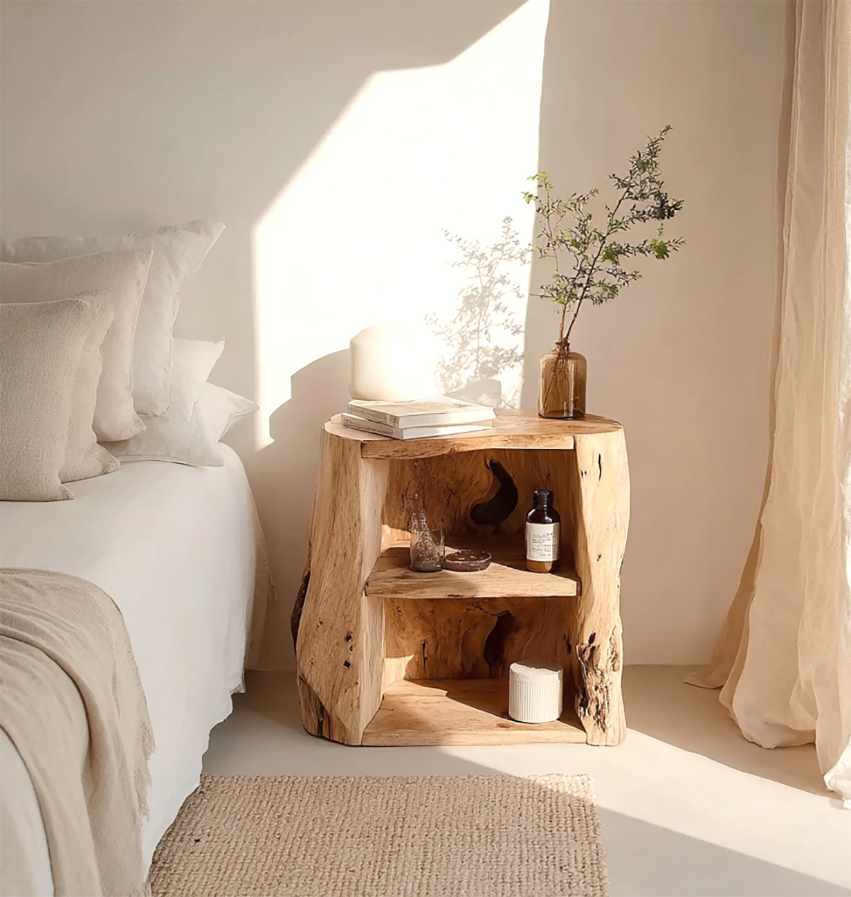 Handgefertigter Nachttisch mit Schublade – rustikaler Nachttisch aus Naturholz