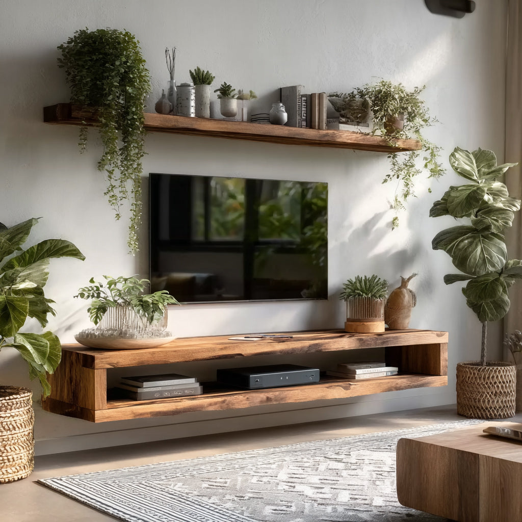 Moderner Live-Edge TV-Board – Handgefertigte Massivholz-Wandkonsole