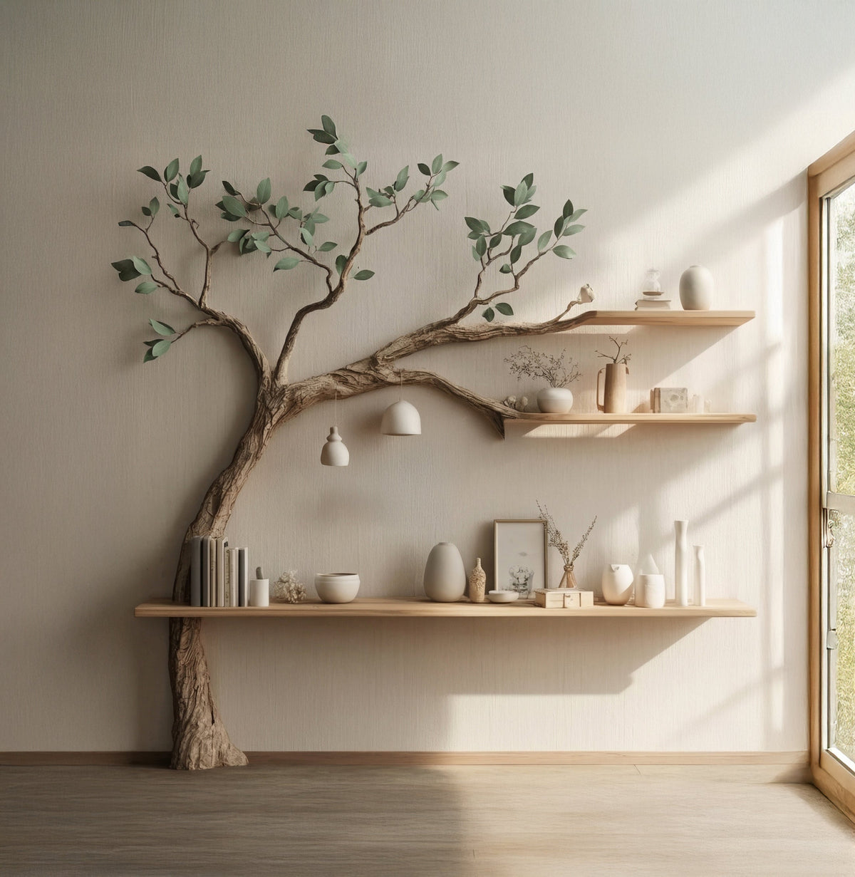 Skulpturales Baum-Bücherregal für die Leseecke – Wandmontiertes Schauregal aus Massivholz
