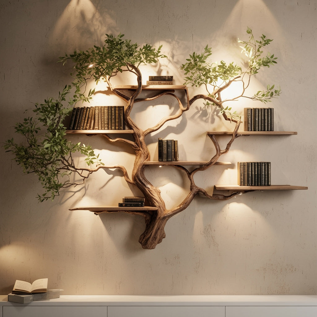 Live Edge Massivholz-Bücherregal – Baum-Design Wandregal mit Schwebenden Regalen