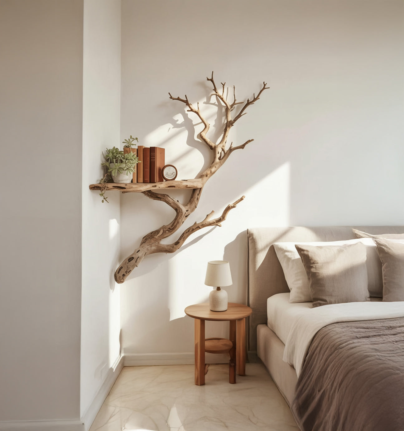 Treibholz Bücherregal als Wandkunst – Maßgefertigtes Eck-Schweberegal