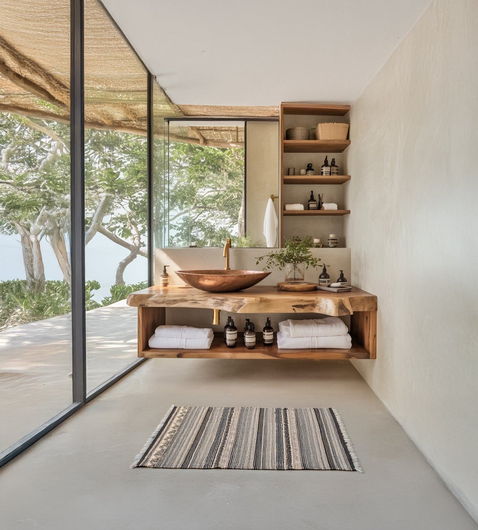 Handgefertigter schwebender Badezimmer-Waschtisch aus Massivholz – Farmhouse-Stil