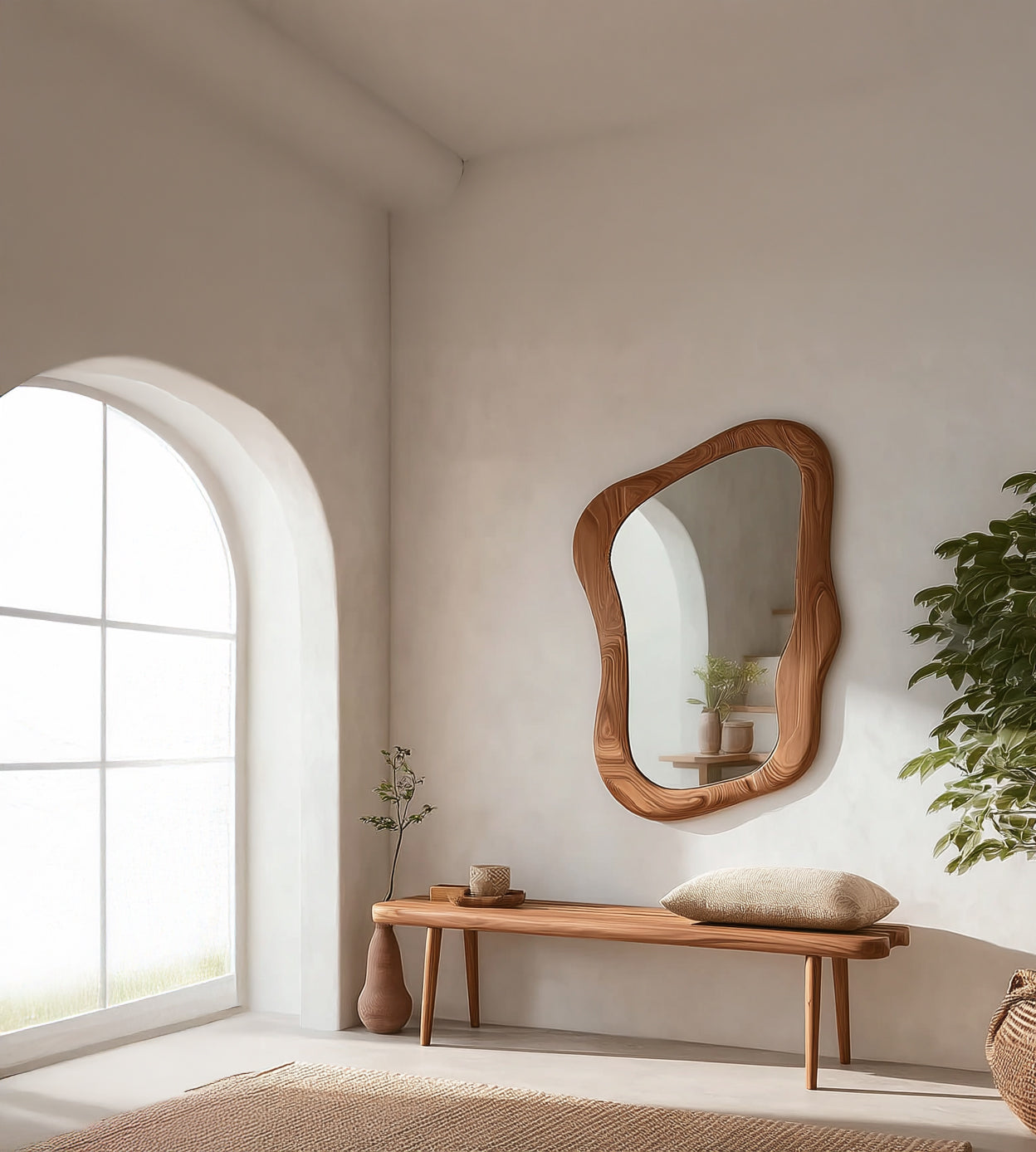 Großer Holz-Wandspiegel – asymmetrisch, unregelmäßig, modernes Boho-Design