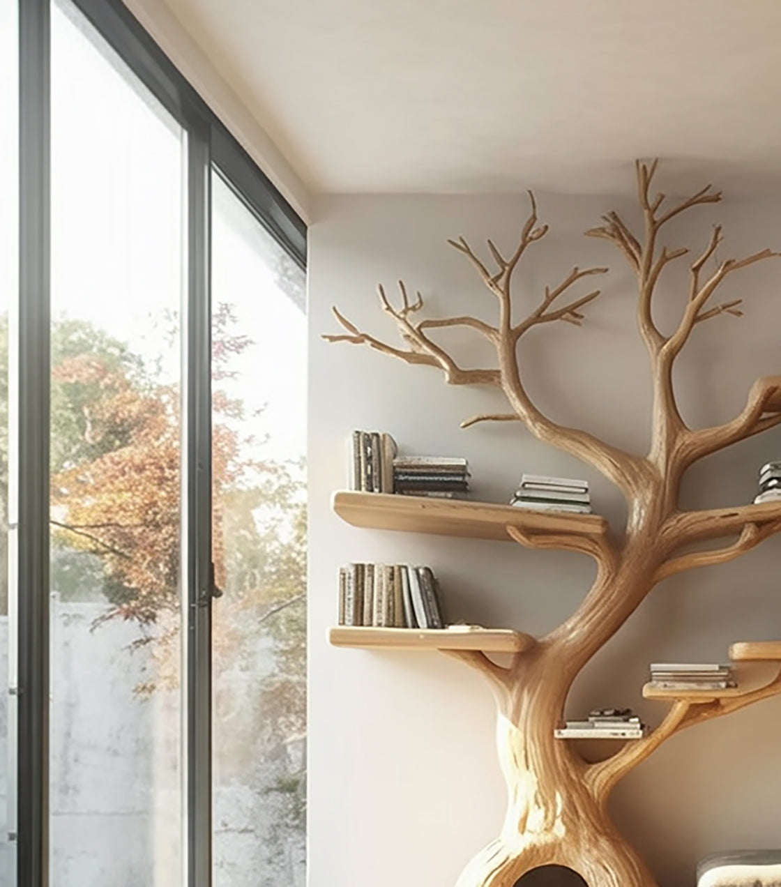 Baumförmiges Holzregal mit Katzenhaus – Handgefertigte Massivholz-Tiermöbel