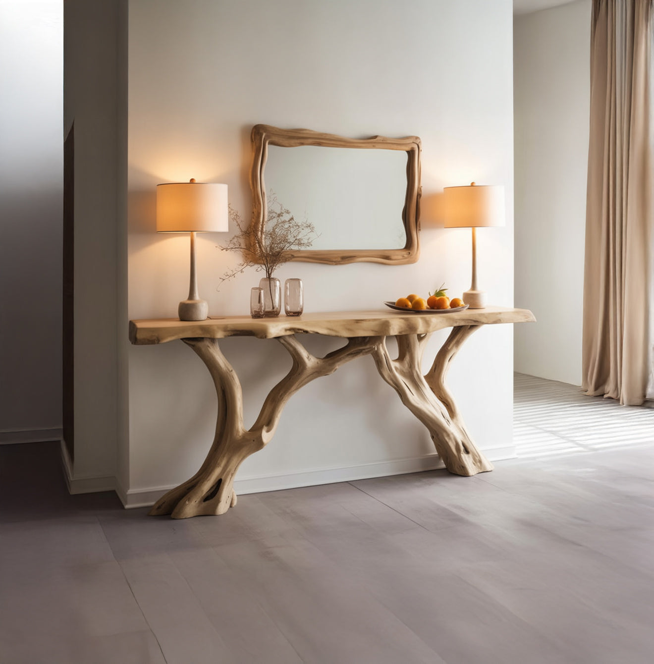 Live-Edge Konsolentisch aus Massivholz mit Baum-Basis – Farmhouse