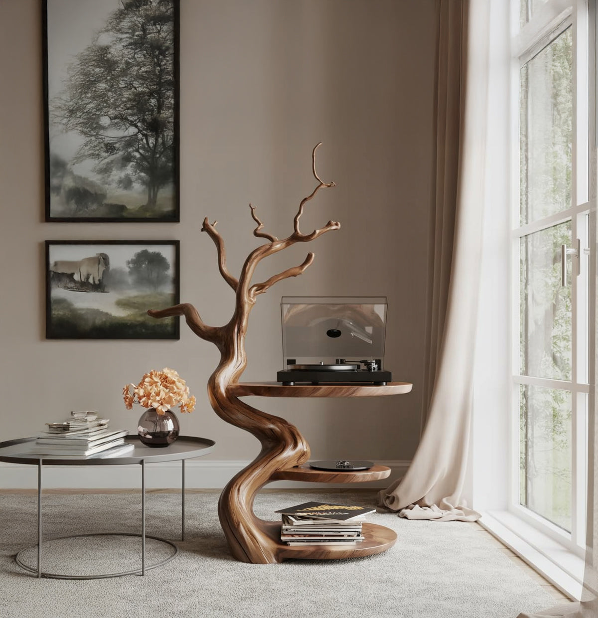 Handgefertigter Plattenspieler-Ständer aus Holz mit Vinyl-Aufbewahrung