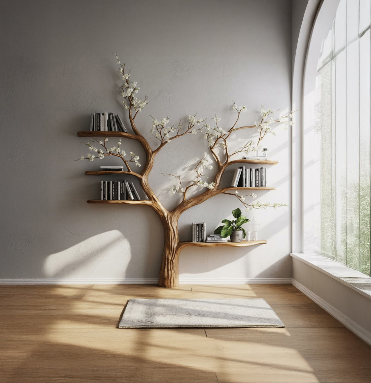 Live-Edge Baum-Bücherregal – Elegantes Regal mit floralen Ästen
